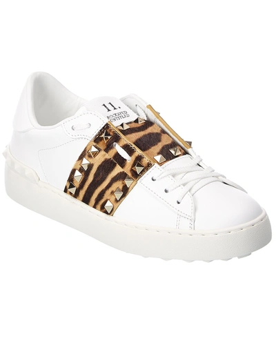 Shop Valentino Rockstud Untitled Leather & Haircalf Sneaker In White