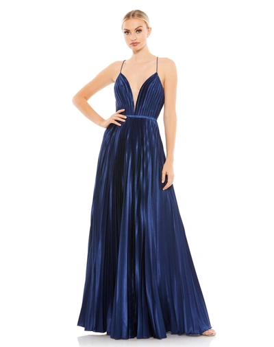 Shop Mac Duggal Plunge Neck Pleated Evening Gown In Blue