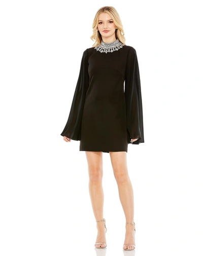 Shop Ieena For Mac Duggal Rhinestone Collar Flowy Sleeve Mini Dress In Black