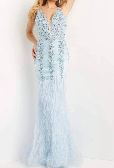 Shop Jovani Feather Gown In Baby Blue