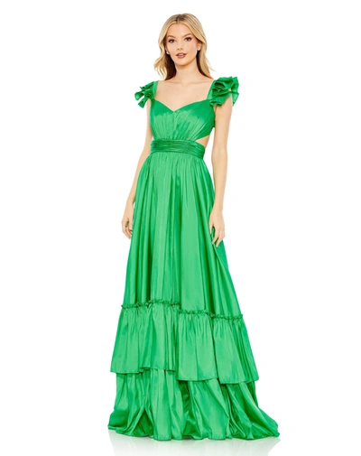 Shop Mac Duggal Ruffle Shoulder Cut Out Gown In Green