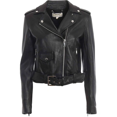 Michael Kors Crinkled Leather Moto Jacket In Black