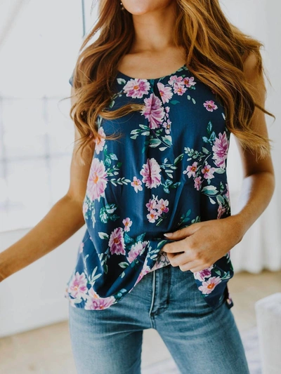 Shop Andree By Unit Crowd Charmer Floral Cap Sleeve Blouse In Navy In Blue
