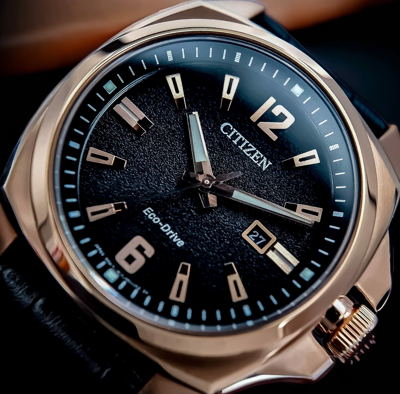 Pre-owned Citizen Eco-drive Rose Gold Sapphire Crystal Black Dial Leather Watch Aw1723-02e