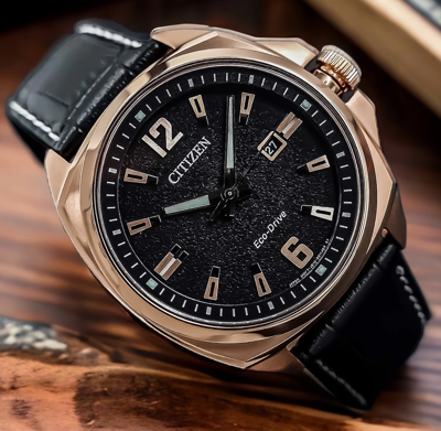 Pre-owned Citizen Eco-drive Rose Gold Sapphire Crystal Black Dial Leather Watch Aw1723-02e