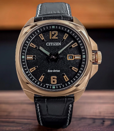 Pre-owned Citizen Eco-drive Rose Gold Sapphire Crystal Black Dial Leather Watch Aw1723-02e