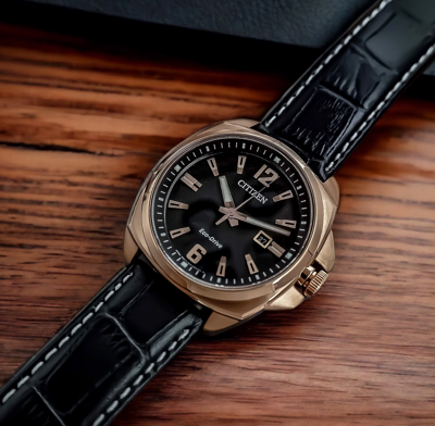 Pre-owned Citizen Eco-drive Rose Gold Sapphire Crystal Black Dial Leather Watch Aw1723-02e