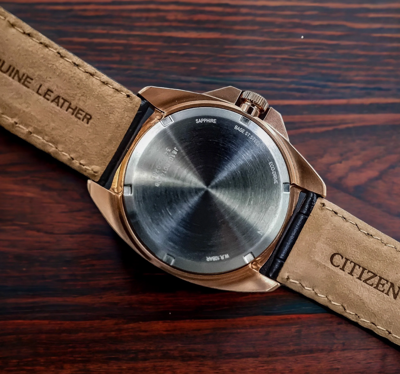 Pre-owned Citizen Eco-drive Rose Gold Sapphire Crystal Black Dial Leather Watch Aw1723-02e