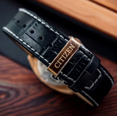 Pre-owned Citizen Eco-drive Rose Gold Sapphire Crystal Black Dial Leather Watch Aw1723-02e