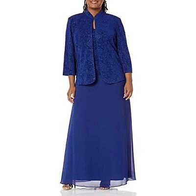 Pre-owned Alex Evenings Women's Plus Size Long Dress With Mandarin Neckline Jacket In Electric Blue