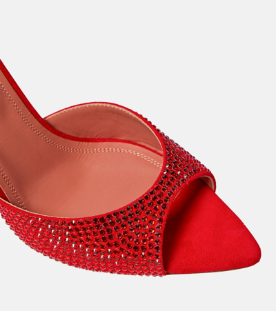 Shop Amina Muaddi Caroline Crystal-embellished Suede Mules In Red