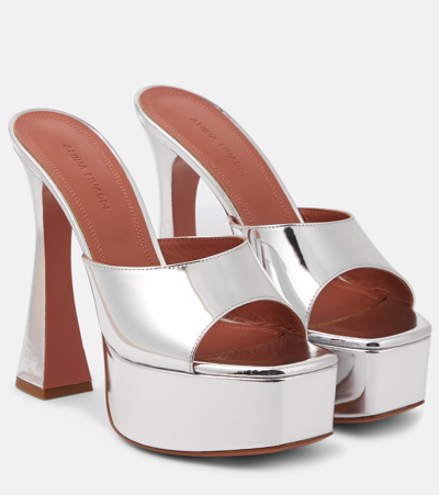 Shop Amina Muaddi Dalida Mirrored Leather Platform Mules In Silver