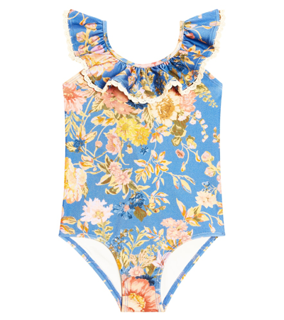 Shop Zimmermann August Ruffled Floral Swimsuit In Blue