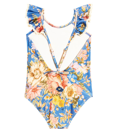 Shop Zimmermann August Ruffled Floral Swimsuit In Blue