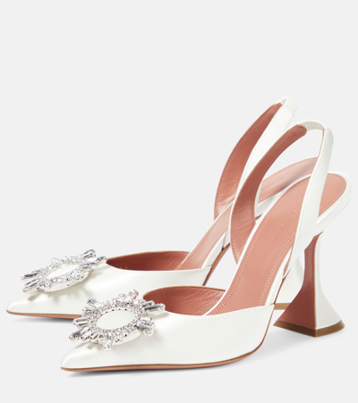 Amina Muaddi White Silk Satin Slingback Pumps In White