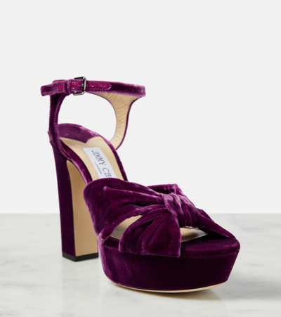 Shop Jimmy Choo Heloise 120 Velvet Peep-toe Pumps In Purple