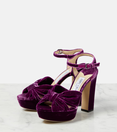 Shop Jimmy Choo Heloise 120 Velvet Peep-toe Pumps In Purple