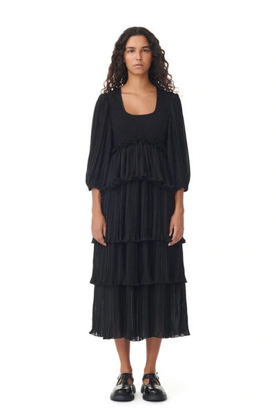 Shop Ganni Pleated Georgette Flounce Smock Midi Dress In Black