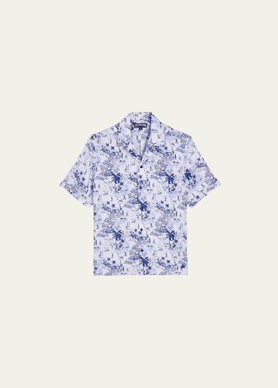 Shop Vilebrequin Men's Riviera Linen Short-sleeve Shirt In Deep Ink