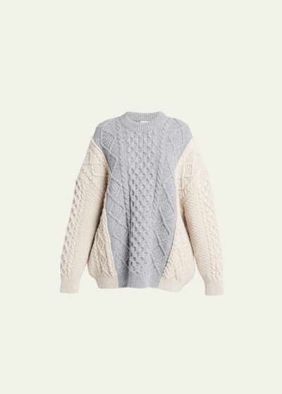 Shop Bottega Veneta Aran Patchwork Cable-knit Crewneck Sweater In Beige