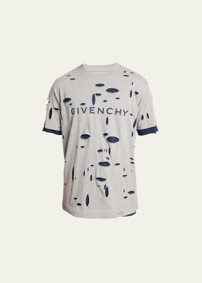 Shop Givenchy Men's Destroyed Double-layer T-shirt In Taupe