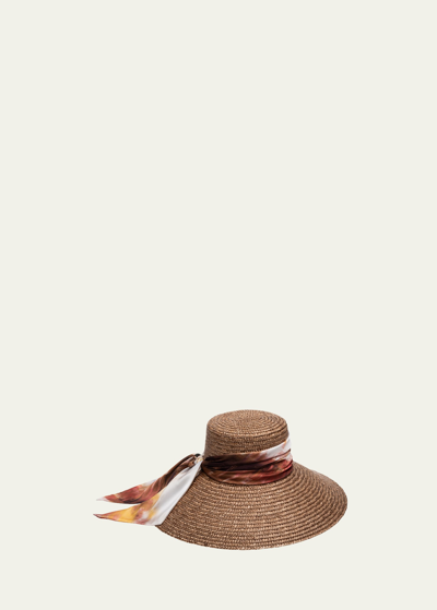 Shop Eugenia Kim Mirabel Straw Large-brim Hat With Patterned Scarf In Bronze