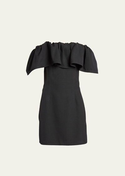 Shop Bottega Veneta Grainy Viscose Ruffled Off-shoulder Dress In Nero