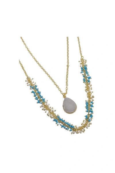 Shop A Blonde And Her Bag Gold Two-strand Necklace With Turquoise And Pearl Beads And White Druzy Pendant In Multi