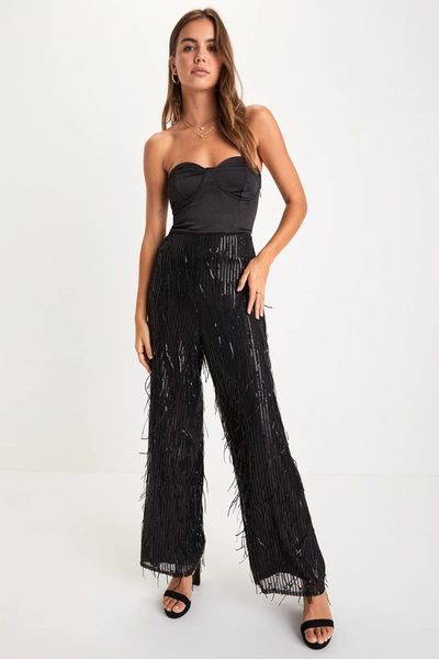 Lulus Shimmery Aura Black Sequin Fringe High Rise Wide-leg Pants In Black