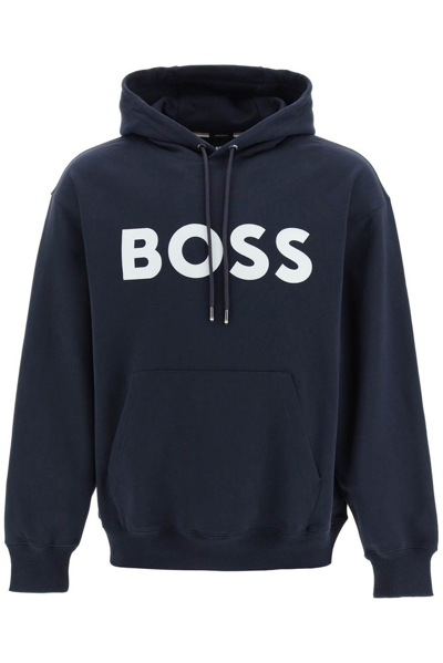 Shop Hugo Boss Boss  Logo Printed Drawstring Hoodie In Blue