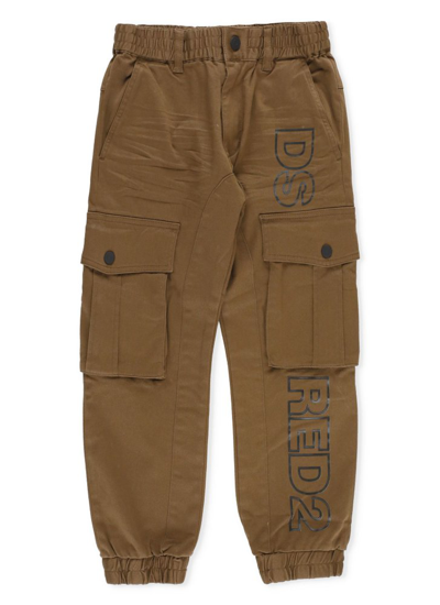 Shop Dsquared2 Kids Logo Printed Stretched Cargo Trousers In Brown