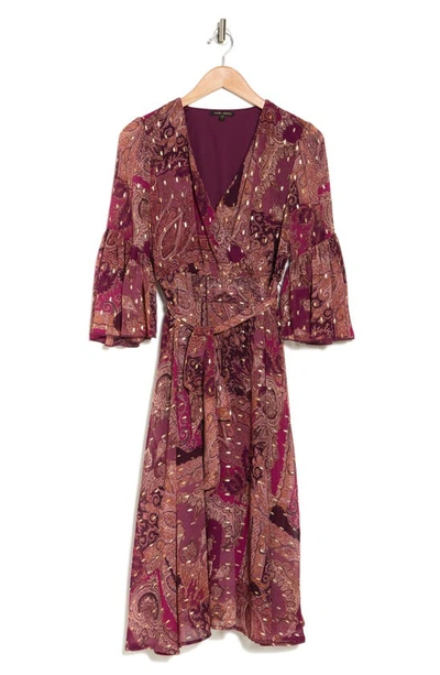 Shop Tash And Sophie Paisley Bell Sleeve Faux Wrap Midi Dress In Red