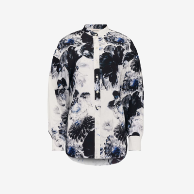 Shop Alexander Mcqueen Chiaroscuro Cocoon Sleeve Shirt In White/black/electric Blue
