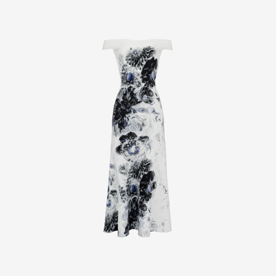 Shop Alexander Mcqueen Chiaroscuro Jacquard Dress In White/black/blue