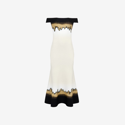 Shop Alexander Mcqueen Off-the-shoulder Jacquard Dress In Ivory/black/gold