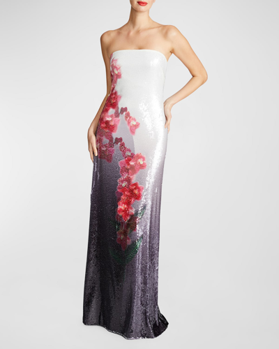 Shop Halston Spencer Strapless Floral-print Sequin Gown In Grayscale Floral