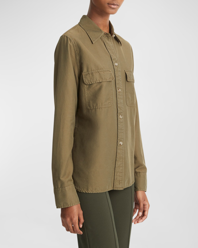 Shop Vince Utility Cotton And Silk Long-sleeve Button-front Shirt In Washed Vine