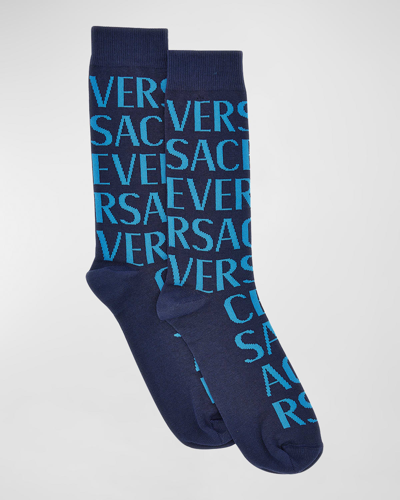 Shop Versace Men's Allover Logo Crew Socks In Navy