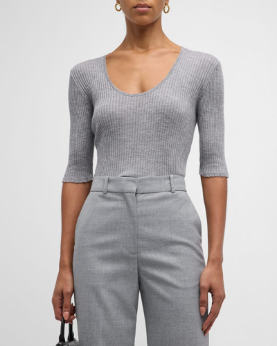 Shop By Malene Birger Remoni Ribbed Scoop-neck Elbow-sleeve Sweater In Grey Melange