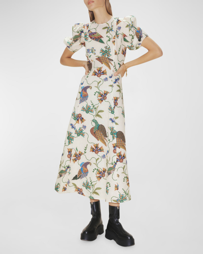 Shop Alemais Birdie Printed Puff-sleeve Linen Midi Dress In Pearl
