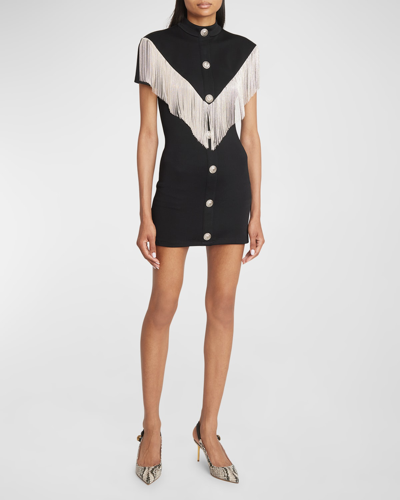 Shop Balmain Short-sleeve Fringed Jersey Mini Dress In Blacksilver