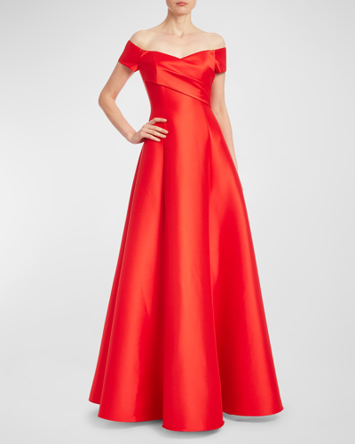 Shop Badgley Mischka Off-shoulder Pleated A-line Gown In Red