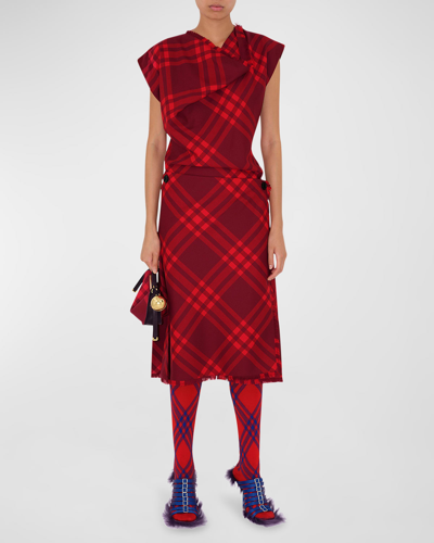 Shop Burberry Check Cap-sleeve Fringe-edge Wrap Wool Dress In Ripple Ip Check