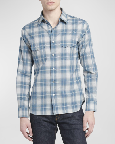 Shop Tom Ford Men's Degrade Check Western Button-down Shirt In Combo Dark Blue