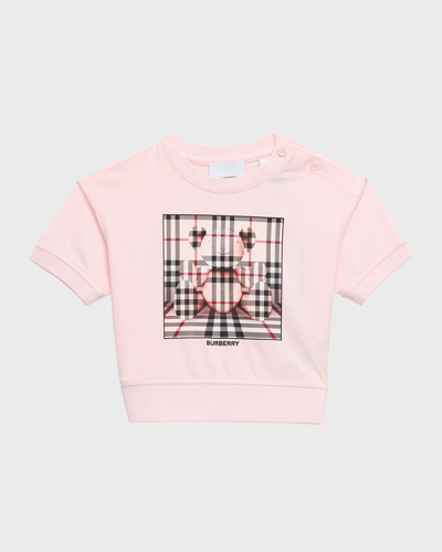 Shop Burberry Girl's Pia Check-print Bear Graphic T-shirt In Alabaster Pink