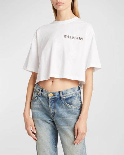 Shop Balmain Laminated Cropped Logo T-shirt In Blackgold