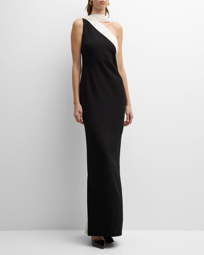 Shop Roland Mouret One-shoulder Cady Gown With Monochrome Detail In Black