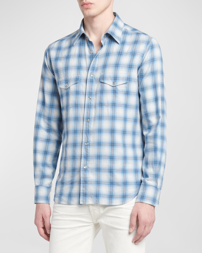Shop Tom Ford Men's Gradient Check Western Button-down Shirt In Blue