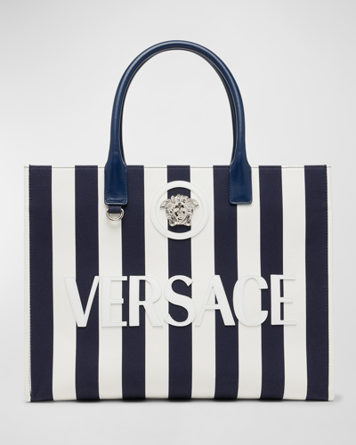 Shop Versace La Medusa Striped Canvas Tote Bag In Navy White Pallad