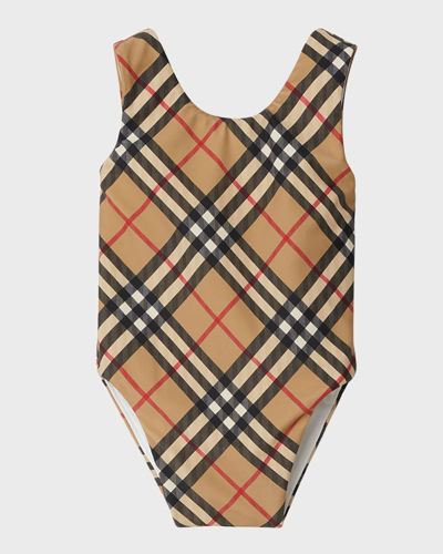 Shop Burberry Girl's Tirza Bias Check One-piece Swimsuit In Archive Beige Ip